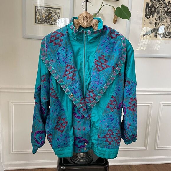 Vintage 90s 94 Lady Lavon Teal Satin Print Winderbreaker Jacket 1X - Picture 1 of 11